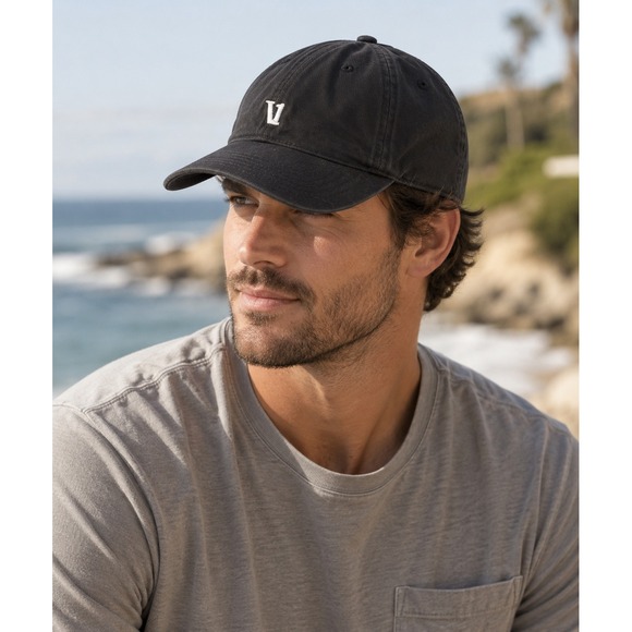 Vuori Other - Vuori Mens Dad Hat Black Embroidered V Logo Adjustable Cotton Baseball Cap
